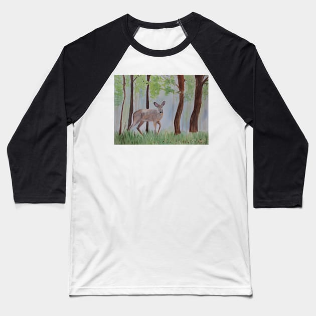 Deer in the Forest Watercolor Painting Baseball T-Shirt by Sandraartist